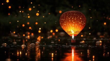 Illuminated hot air balloon over calm water at night, with glowing lights and reflections.
