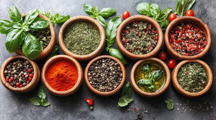 Fresh herbs and spices arranged in wooden bowls, showcasing vibrant colors and textures. Perfect for enhancing dishes and adding flavor to meals