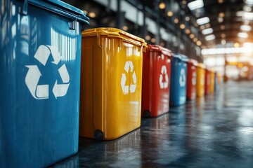 Colorful recycling bins in an industrial setting for waste management and sustainability.