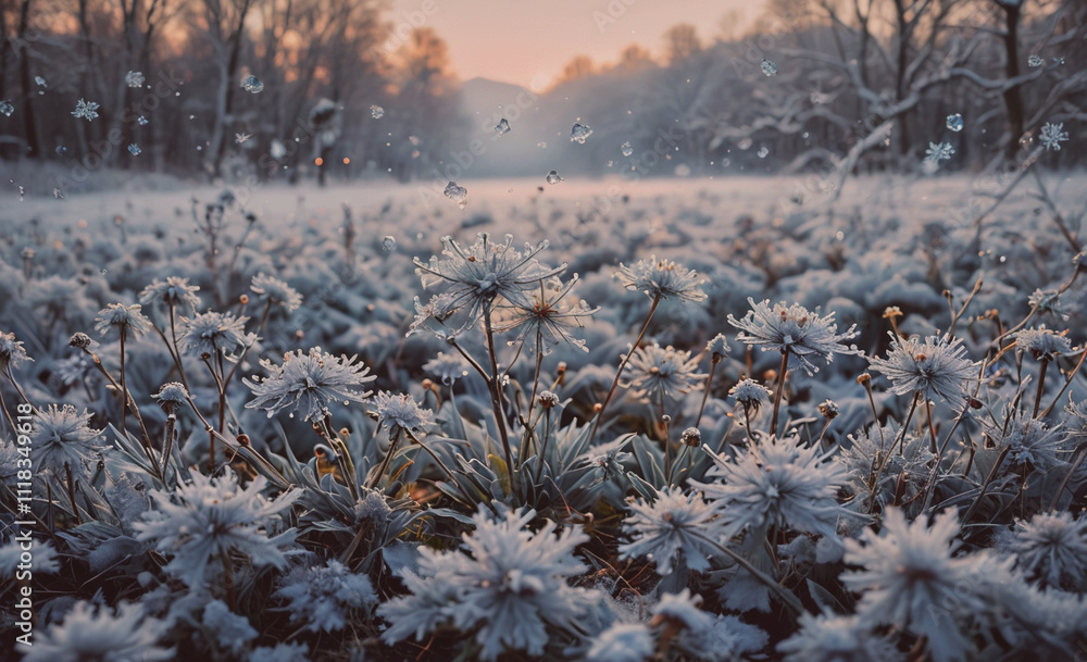 Aufkleber a field of snow covered flowers with a beautiful sunset in the background. the flowers are covered i