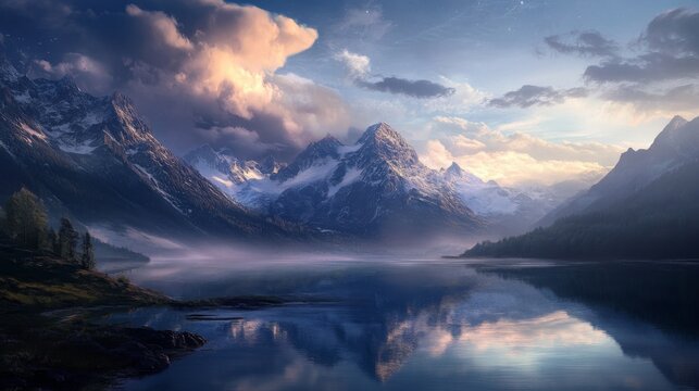 Scenic mountain landscape with rolling hills, evergreen forests, and soft clouds at sunrise