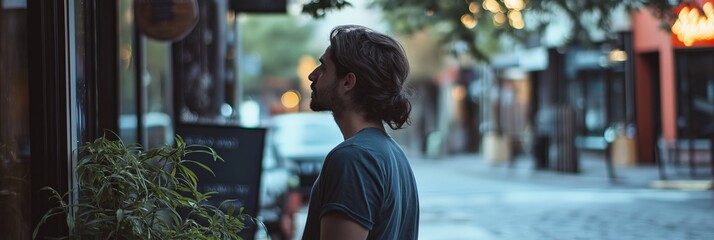 A young man gazes thoughtfully as he observes the vibrant street environment.