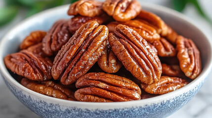 Obraz premium Fresh organic pecan nuts in bowl, showcasing their rich texture and color. Perfect for snacking or baking, these nuts add delightful crunch to any dish