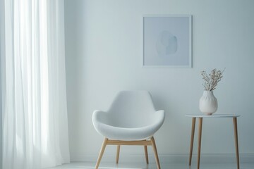Minimalist interior design with white chair and vase in bright room.