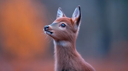 Fototapeta premium Fawn Gazing into the Autumn: A young deer, its fur the color of autumn leaves, looks pensively into the distance against a softly blurred background of warm, earthy tones.