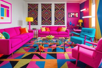 Bold colorful living room with vibrant 1980s retro decor
