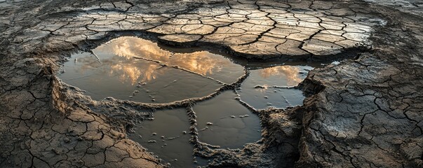 A cracked earth surface with a small water pool reflecting clouds, highlighting drought conditions and environmental changes.