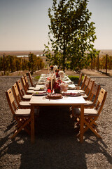 a set table with flowers, food and candles for a festive event in nature among the vineyards