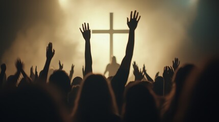 Worshipers raise hands in praise during a church service at dusk