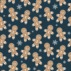 Vector seamless Christmas pattern with cookies and snowflakes on dark blue background. Can be used as wallpaper, print temlate, gift paper etc.