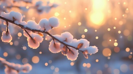 A branch covered in snow with a sun in the background. The sun is shining on the snow, creating a beautiful and serene scene