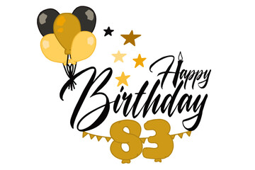 A vector design featuring calligraphic "Happy Birthday" text with golden balloons, including a large balloon shaped as the number 83, creating an elegant and celebratory theme
