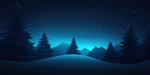 Fototapeta premium Winter night landscape with snow-covered hills and evergreen trees under starry sky