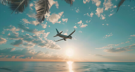 Airplane landing over tropical beach with palm trees
