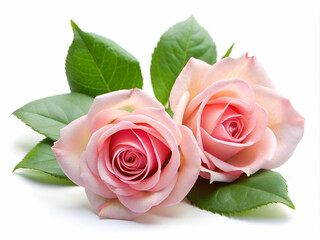 Two delicate pink roses with green leaves, symbolizing beauty and romance, arranged elegantly against a white background.