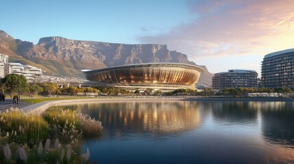 Fototapeta premium Stunning View of Modern Stadium Near Water with Mountain Background