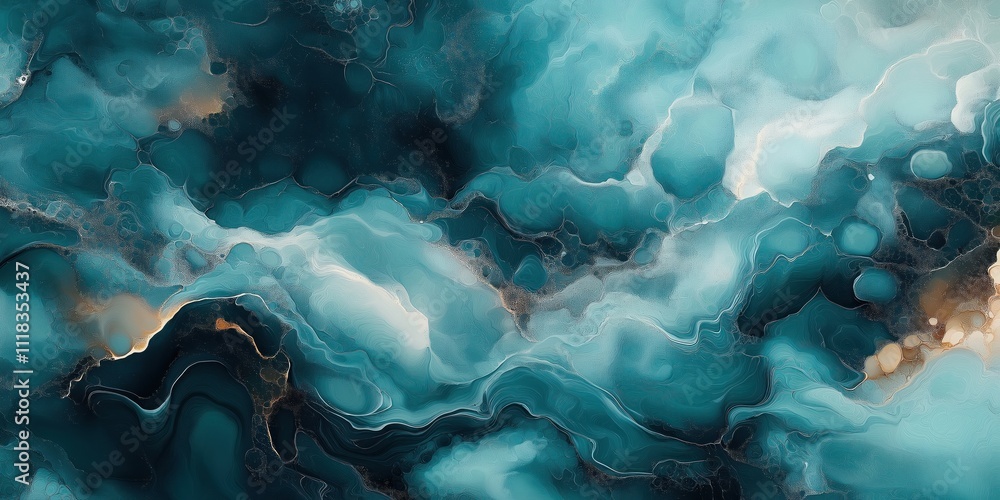 Poster abstract illustration flowing patterns of teal blue, white colors with hints of gold, black. intrica