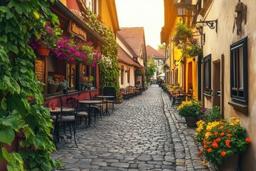 Charming european street with colorful buildings and flowering plants at sunset.