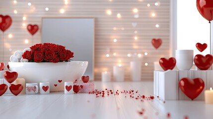 This Valentine's Day-themed bathroom showcases heart-shaped balloons, red roses in the bathtub, and candles arranged on white wooden shelves. The decor creates a warm, romantic atmosphere