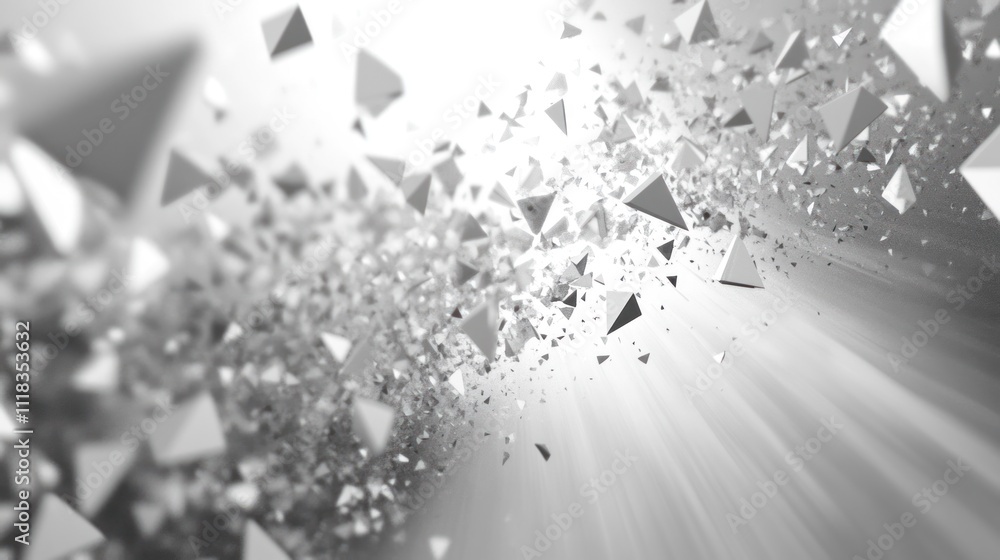 Poster abstract grayscale background of exploding geometric shapes.