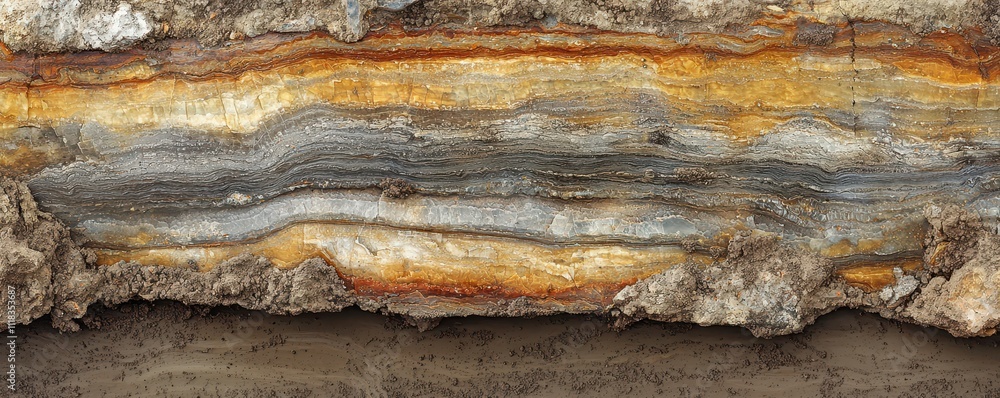 Poster a cross-section of layered geological formations displaying various minerals with distinct colors an