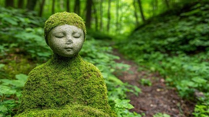 Always loved and remembered. A serene moss-covered statue in a tranquil forest setting.