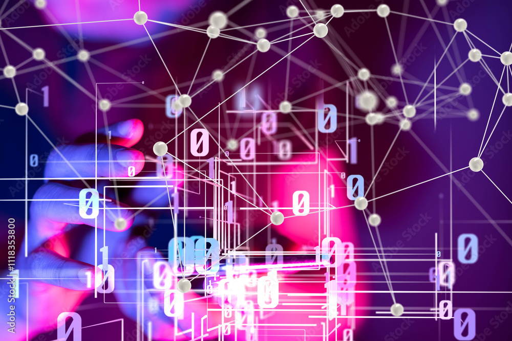 Fototapete Global network. Blockchain. 3D illustration. Neural networks and artificial intelligence. Abstract