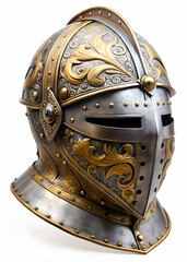 A detailed medieval helmet adorned with intricate golden patterns, showcasing craftsmanship and historical significance.