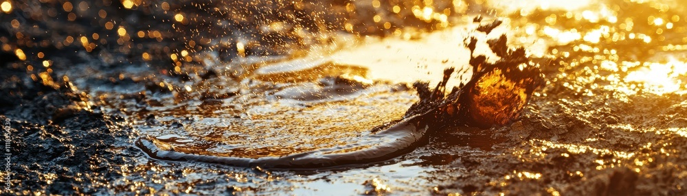 Poster a close-up of water splashing on a surface, illuminated by warm sunlight, creating a sparkling effec