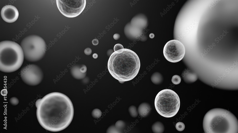 Poster abstract grayscale image of floating microscopic spheres, suggesting cells or molecules.