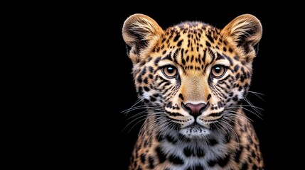 Fototapeta premium Leopard Portrait: A close-up portrait of a young leopard, its piercing gaze and majestic spots captured against a dramatic black backdrop. This image evokes a sense of wild beauty, strength.
