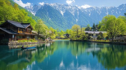 Fototapeta premium Serene Mountain Village Lakeside Scene With Boat