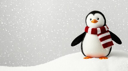 A penguin wearing a red and white scarf stands on a snowy hill