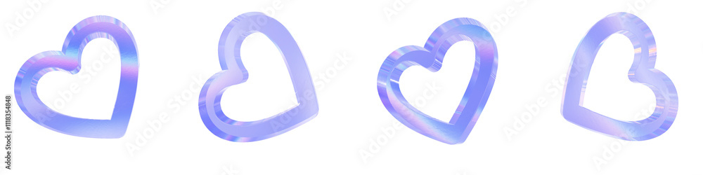 Poster set of 4 3d glass heart shape outer line with aberration effect isolated on a transparent background