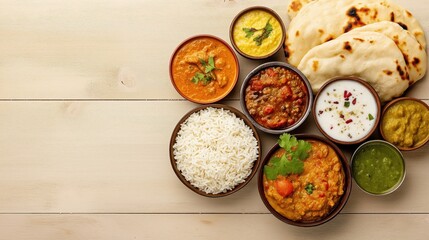 Colorful Indian meal set on wooden table. Various dishes arranged beautifully. Includes rice, naan, flavorful curries. Enjoy authentic Indian cuisine. Visual feast. Traditional food presentation.