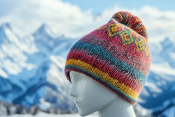 Colorful knitted hat on mannequin with snowy mountain background.