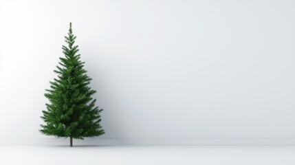 Simple clean Christmas tree placed against a plain white wall in a modern room setup