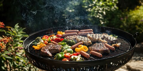 A barbecue grill full of sizzling steaks, hot dogs, and vegetables, with smoke rising in the warm summer air.