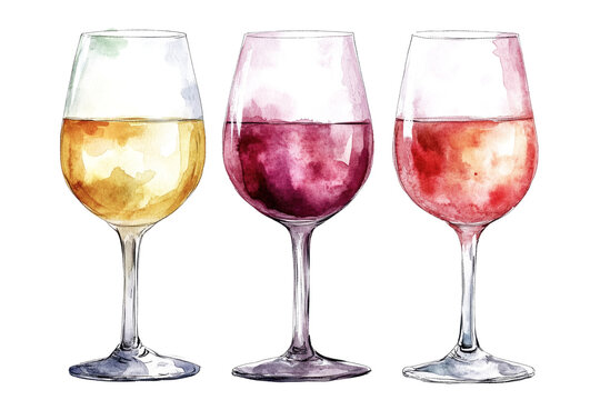 Three wine glasses filled with different types of wine showcase a vibrant watercolor effect. The left glass holds a golden white wine, the middle a deep red, and the right a light ros&eacute;