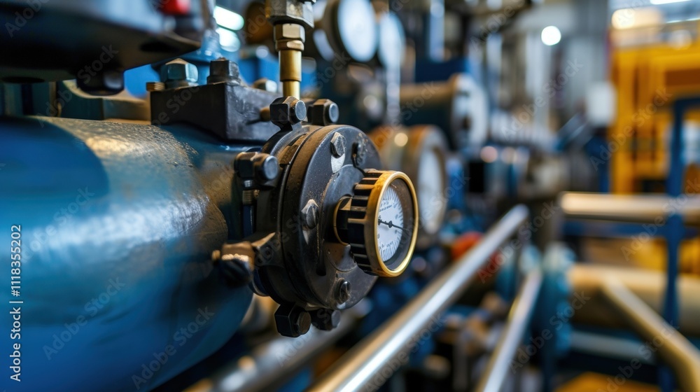 Poster close up of a pressure gauge attached to a pipeline, monitoring and regulating the flow of liquids o