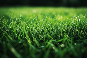 Naklejka premium Close Up of Dew Drops on Green Grass Blades