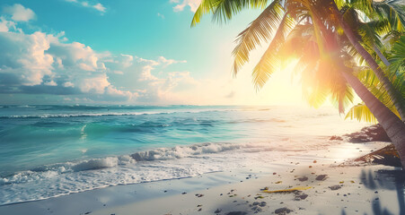 A beach with palm trees and the sun shining on the water
