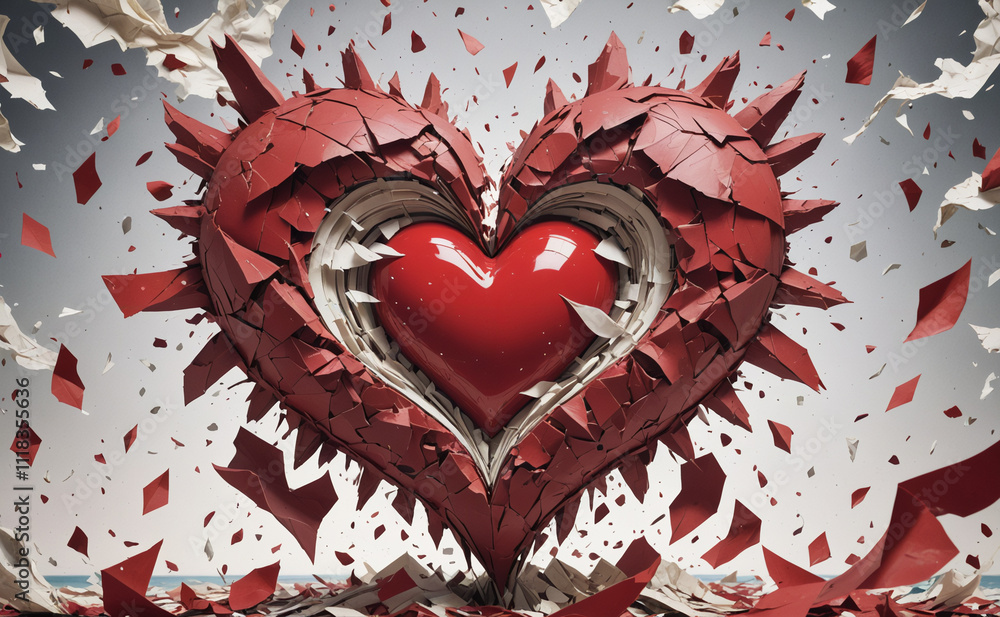 Poster A heart made of paper with a lot of paper pieces surrounding it. The heart is red and has a lot of paper pieces scattered around it, giving it a broken and fragmented appearance