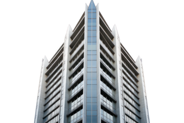 Towering steel and concrete skyscraper with geometric patterns and a minimalist design, isolated on white background