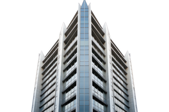 Towering steel and concrete skyscraper with geometric patterns and a minimalist design, isolated on white background