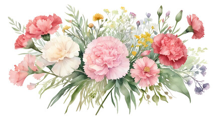 Delicate Watercolor Carnations with Wildflowers &ndash; Artistic Floral Illustration