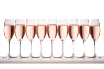 Sparkling rose champagne filling a row of stylish glasses, with a soft pink gradient in the background, isolated on white background
