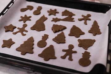 Christmas cookies on a baking sheet before baking.