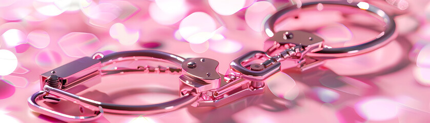 Colorful handcuffs on a soft pink surface create a whimsical eyecatching look
