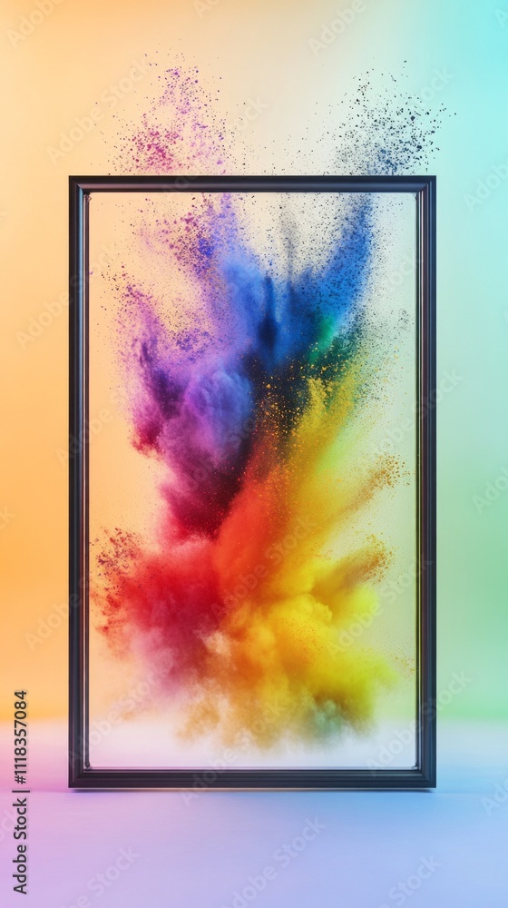 Poster a stunning display of vibrant colors bursts from within a sleek frame, creating a mesmerizing specta